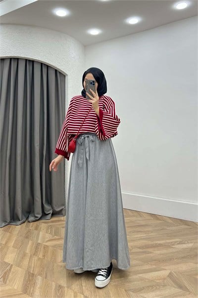 Bel Lastikli ve Bağlamalı Geniş Kalıp Pantalon Gri