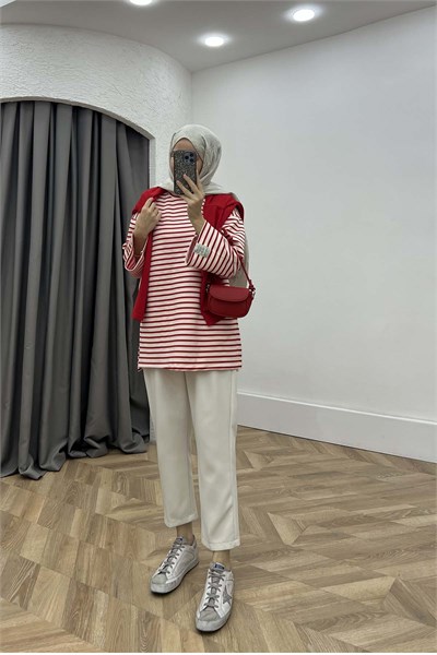 Bisiklet Yaka Yırtmaçlı Çizgili Sweatshirt Kırmızı