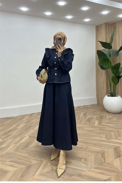 Casual Stil Fırfır Yakalı Kot Takım Lacivert