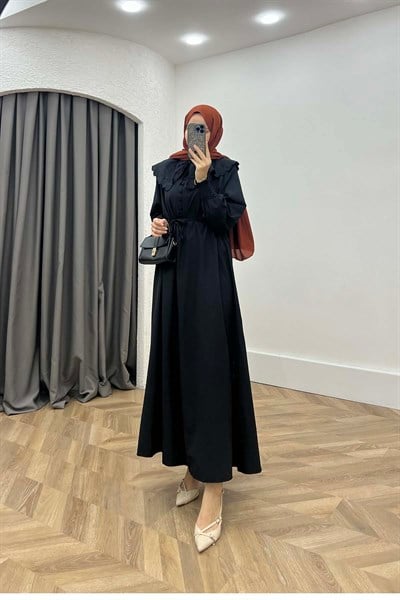 Çiçek Nakışlı Bebe Yaka Vintage Elbise Siyah