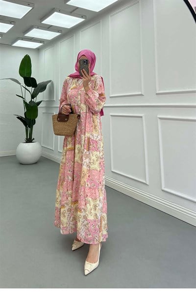 Desenli Mango Elbise Pembe-Beyaz
