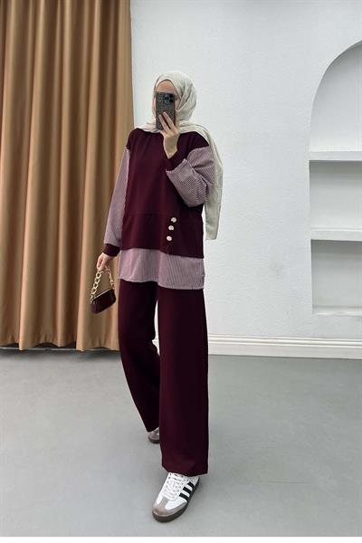 Düğme Detaylı Çizgili Spor Takım Bordo
