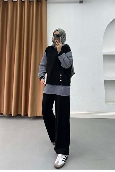 Düğme Detaylı Çizgili Spor Takım Siyah