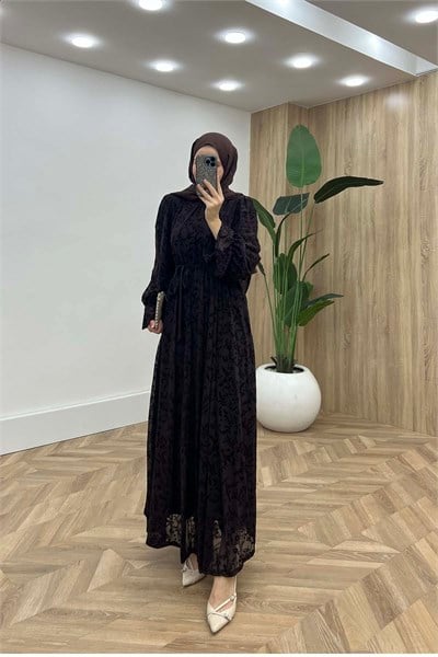 Floral Nakışlı Kolu Lastikli Elbise Kahve