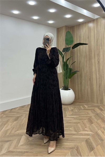 Floral Nakışlı Victoria Katlı Elbise Kahve