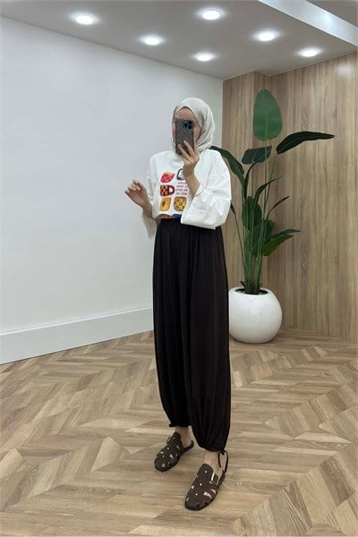 Geleneksel Silüet Akışkan Şalvar Pantalon Koyu Kahve