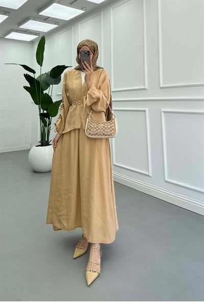 Kolu İp Detaylı Kimono Takım Bej