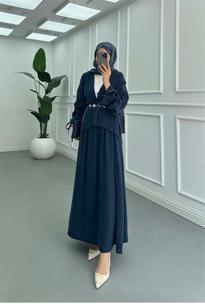 Kolu İp Detaylı Kimono Takım İndigo