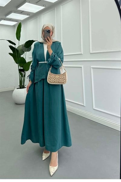 Kolu İp Detaylı Kimono Takım Petrol Yeşili