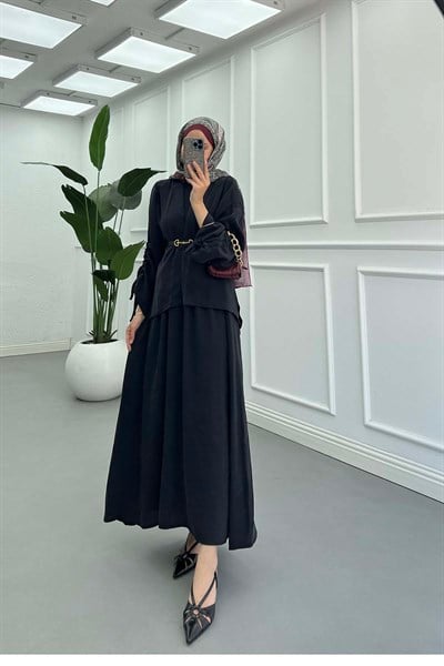 Kolu İp Detaylı Kimono Takım Siyah