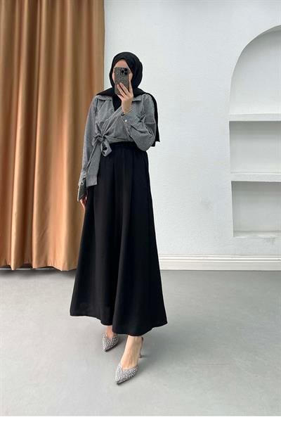 Krinkıl Dokulu Bol Paça Rahat Pantalon Siyah