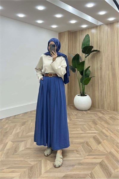 Modern Kemerli Dökümlü Çilek Pantalon İndigo