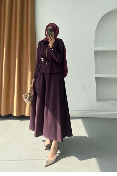 Peplum Kesim Gold Kemerli Kot Takım Mürdüm