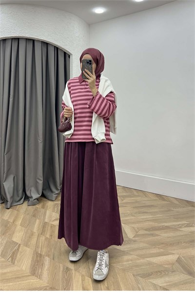 Polo Yaka Düğmeli Çizgili Sweatshirt Pembe - Mürdüm