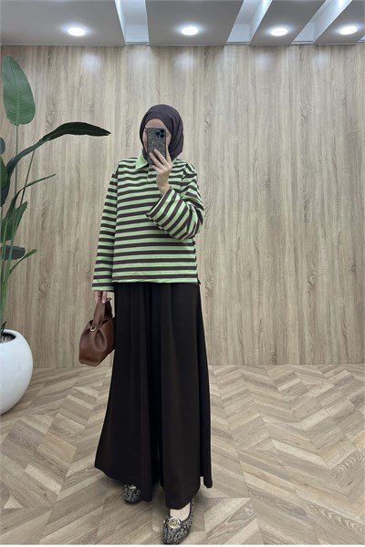 Polo Yaka Düğmeli Çizgili Sweatshirt Yeşil - Kahve