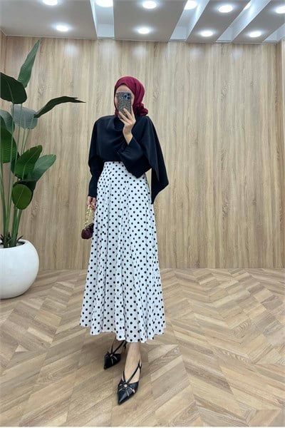 Puantiye Desenli Mevlana Etek Beyaz