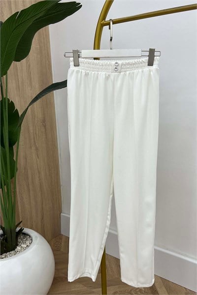 Süs Düğmeli Bel Lastikli Spor Pamuk Pantalon Beyaz