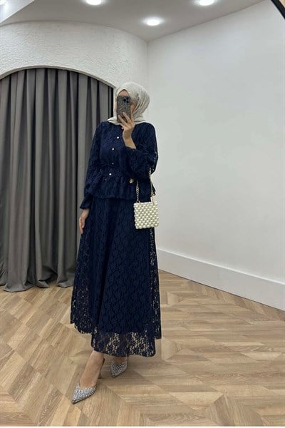 Taş Düğmeli Floral Nakışlı İçlikli Tül Takım Saks Mavi