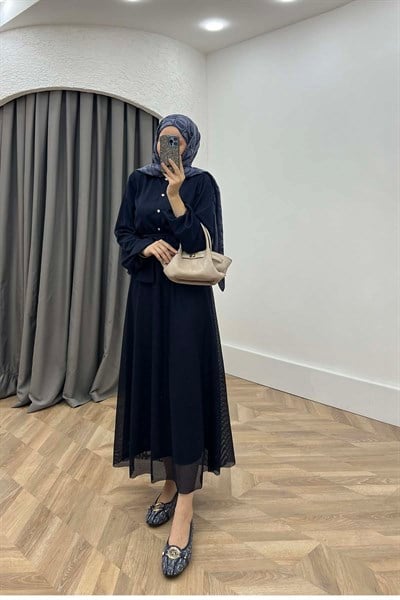 Taş Düğmeli İçlikli Tül Takım Lacivert