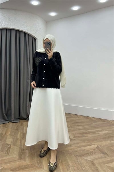 Taşlı ve Çiçek İşlemeli Angora Hırka Koyu Kahve