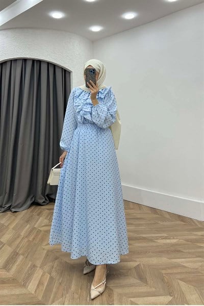Volanlı Puantiyeli Modal Kumaş Retro Takım Bebe Mavi