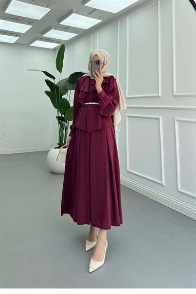 Yakası Fırfır Detaylı Modal Takım Bordo