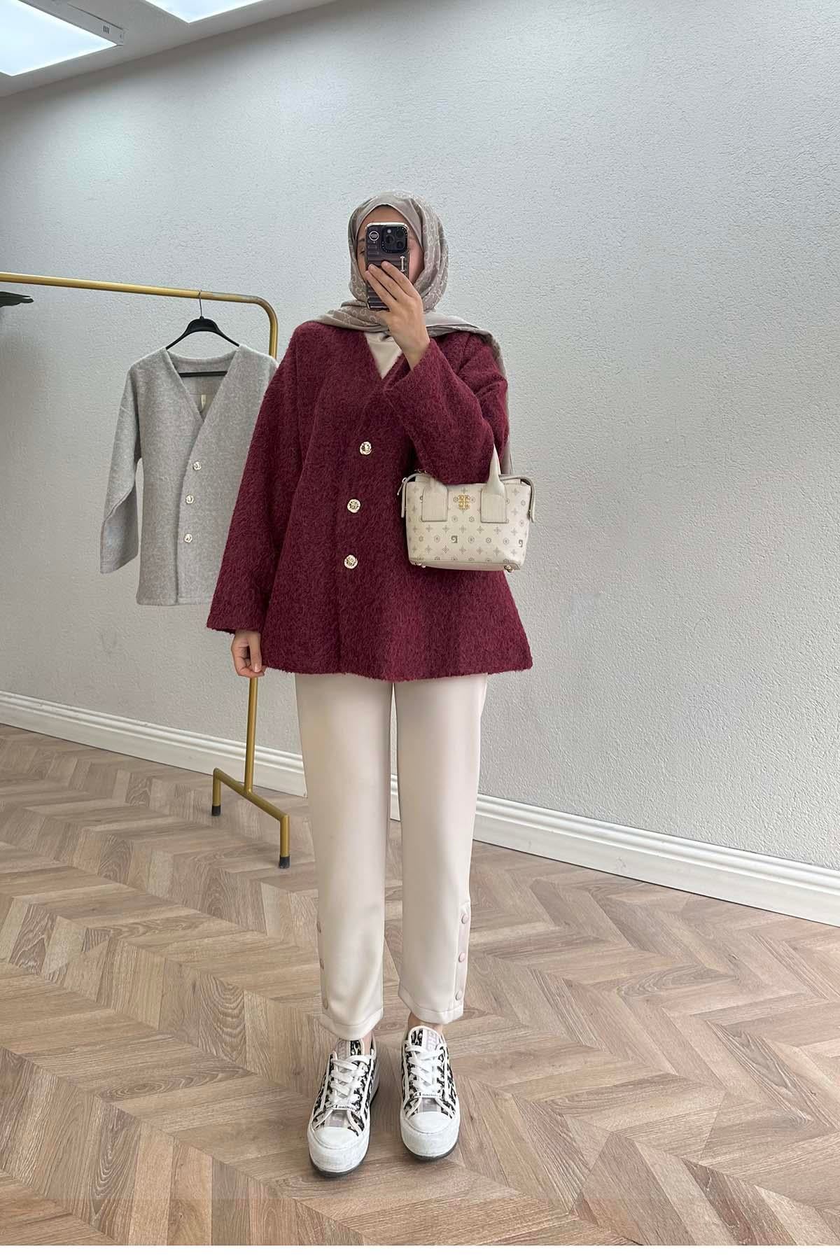 Asimetrik Düğmeli Kaşe Ceket Bordo