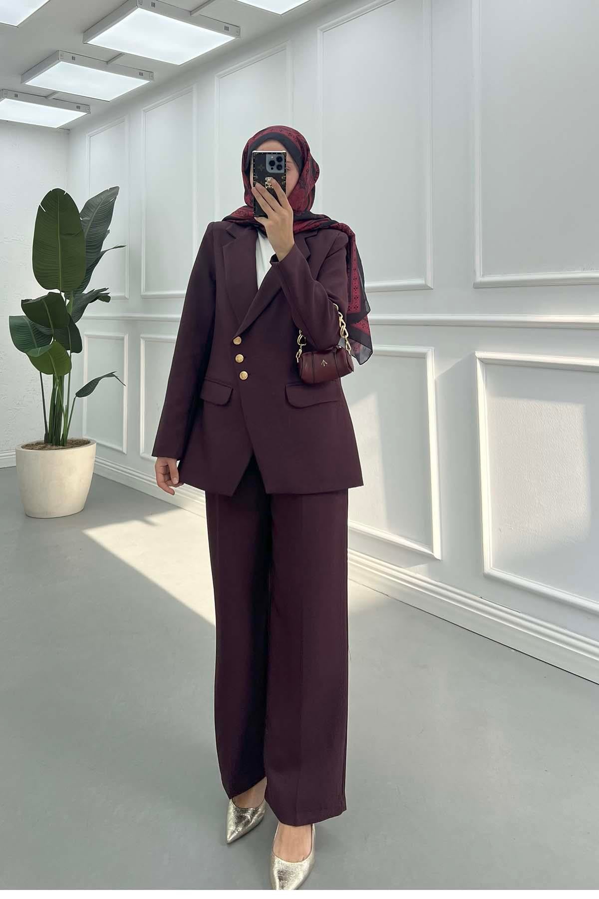 Asimetrik Kesim Astarlı Ceket Takım Bordo
