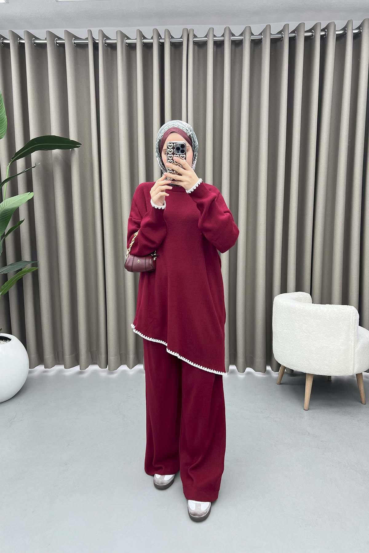 Asimetrik Kesim Nakışlı Takım Bordo