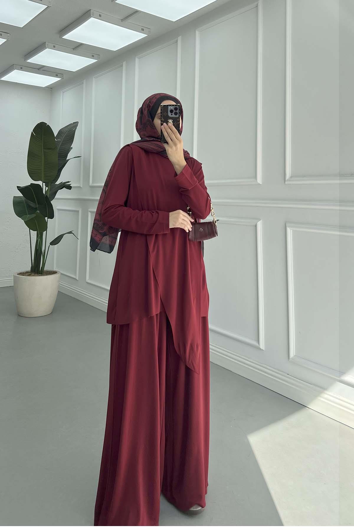 Asimetrik Parça Detaylı Pantolon Takım Bordo