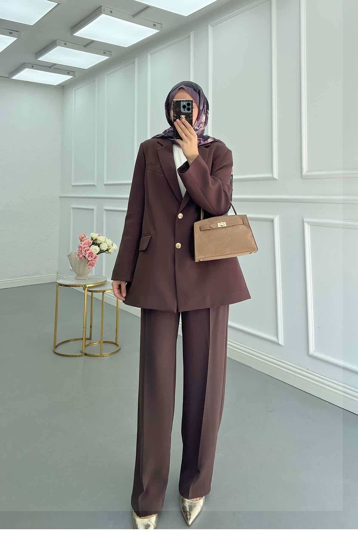 Astarlı Ceket Pantalon Takım Kahve