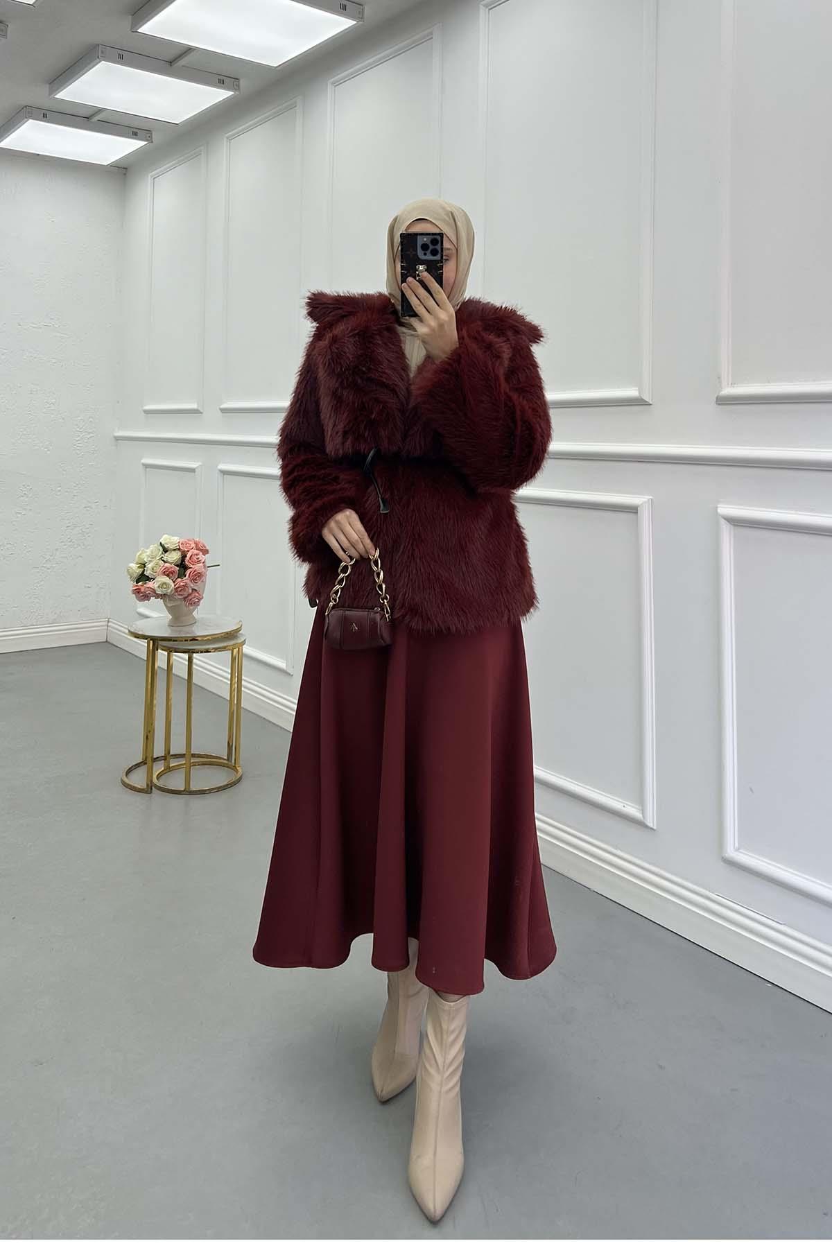 Astarlı Deri Kuşaklı Peluş Ceket Bordo