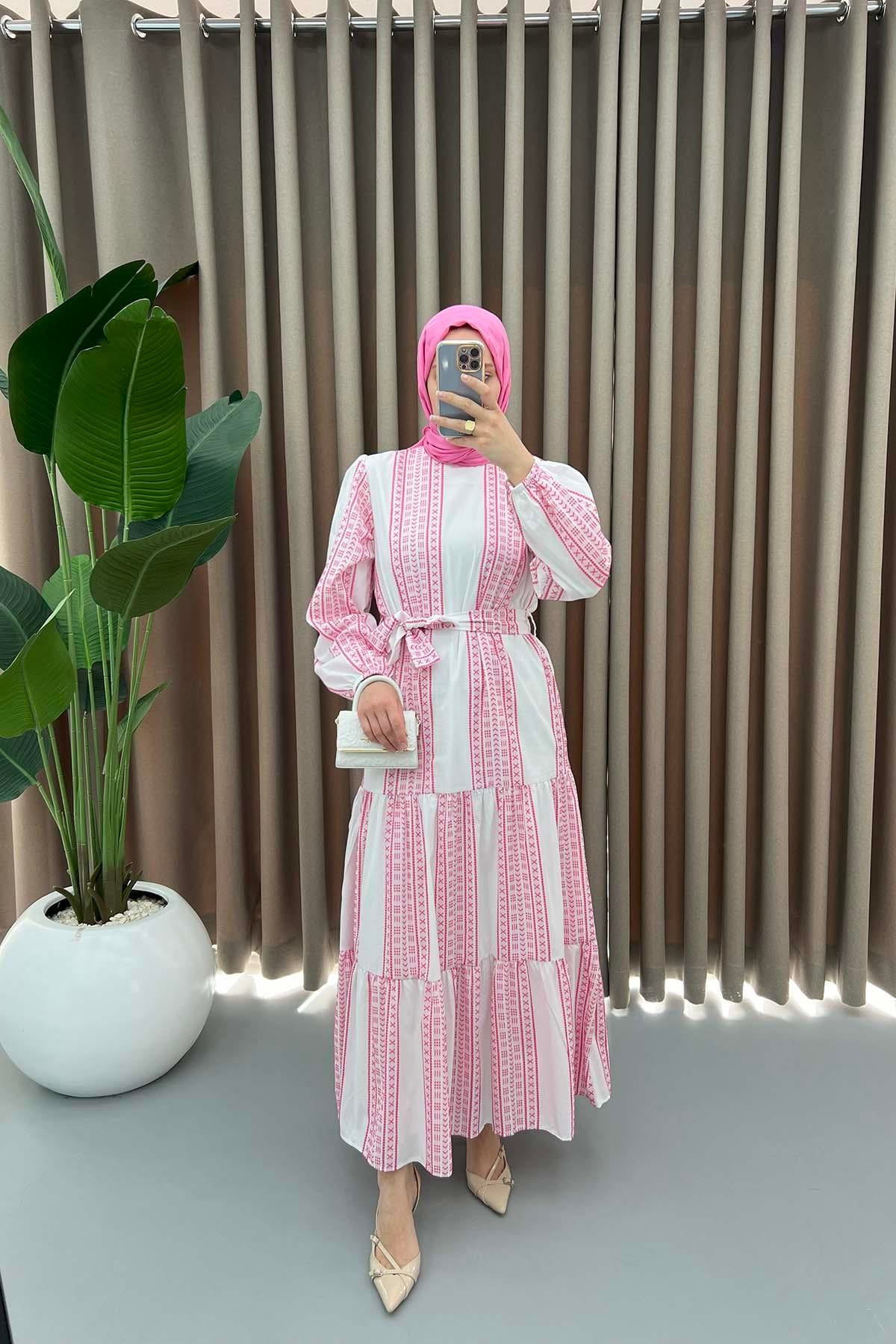 Astarlı Desenli Elbise Pembe