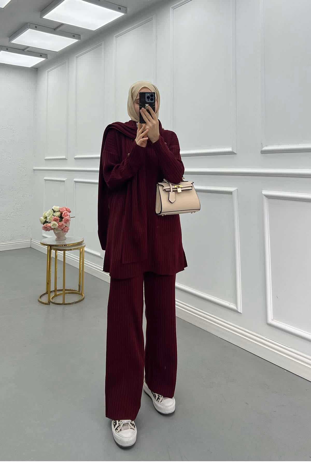 Atkılı Fitilli Triko Takım Bordo