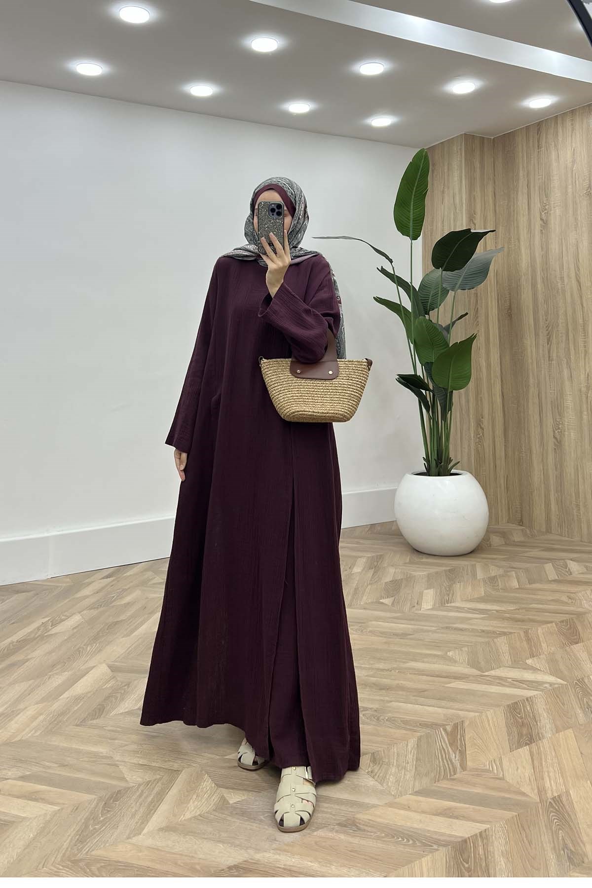 Aura Dökümlü Katlı Tunik Takım Mürdüm