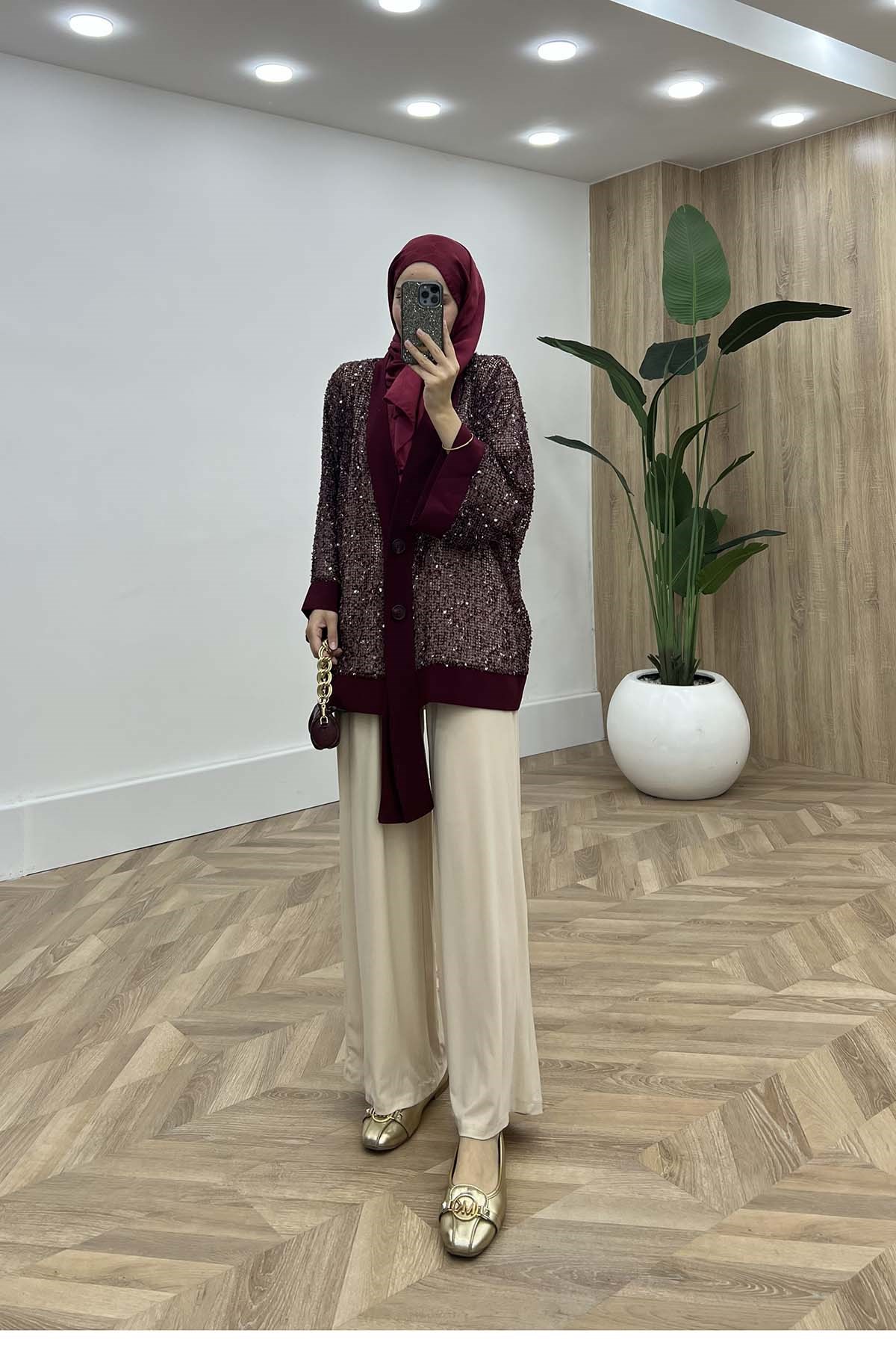 Aura Payet File Dokulu Ceket Bordo