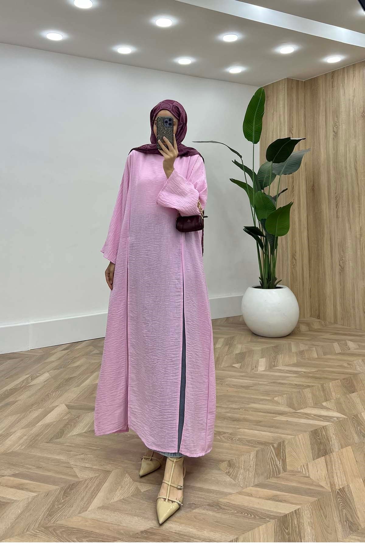Aura Yırtmaç Detaylı Dik Yaka Müslin Elbise Pembe