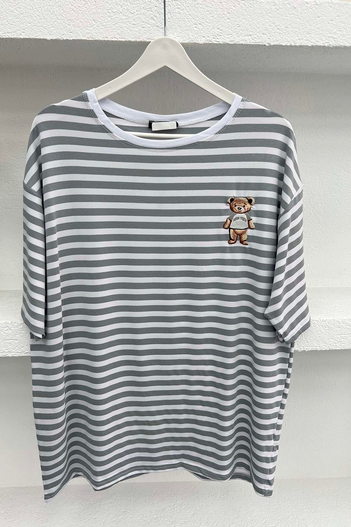 Ayıcık Figürlü Çizgili T-Shirt Gri