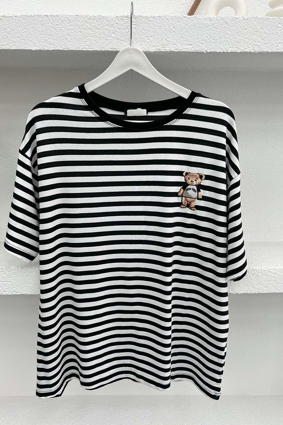 Ayıcık Figürlü Çizgili T-Shirt Siyah