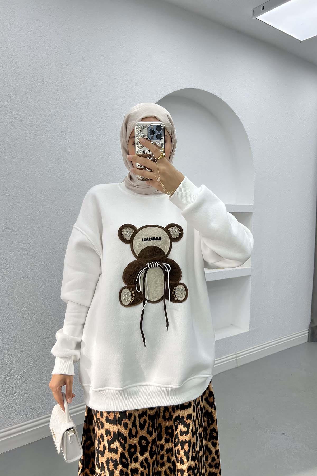 Ayıcık Figürlü Taşlı Sweatshirt Beyaz