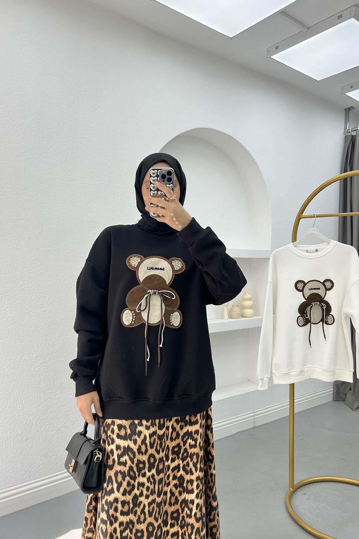 Ayıcık Figürlü Taşlı Sweatshirt Siyah