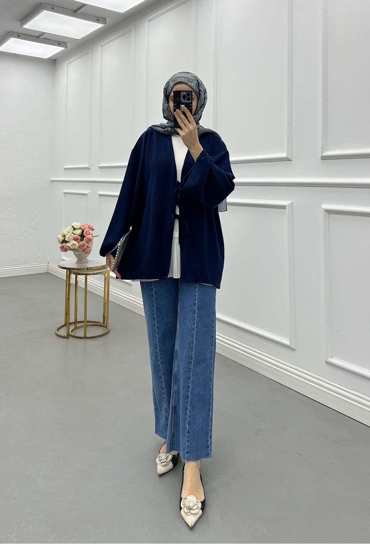 Bağcık Detaylı Kimono Hırka Lacivert