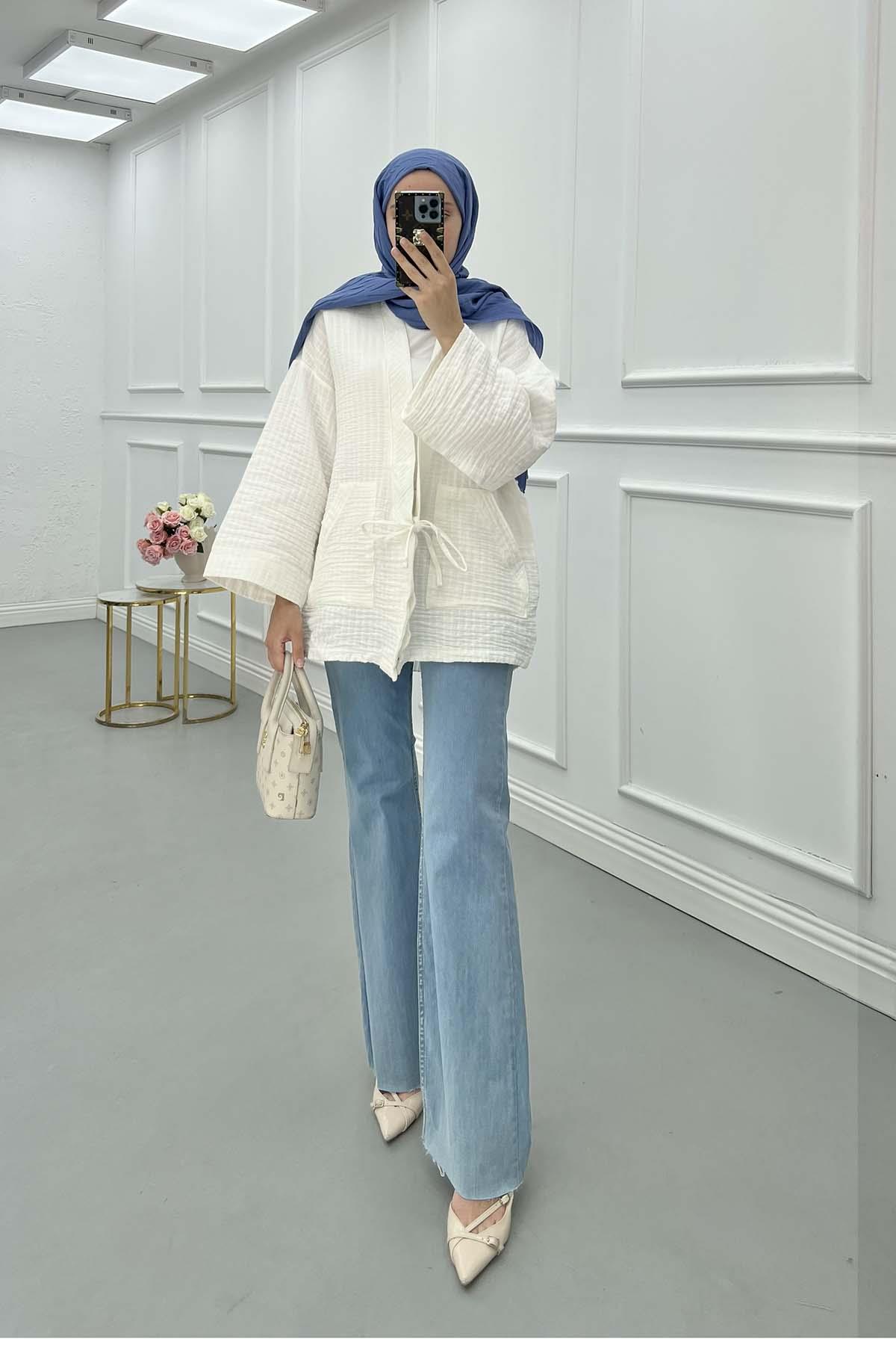Bağcık Detaylı Müslin Kimono Beyaz