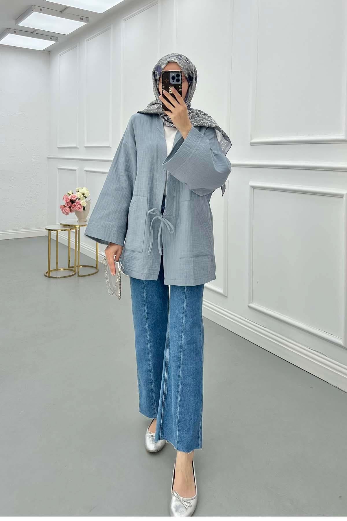 Bağcık Detaylı Müslin Kimono Sisli Mavi