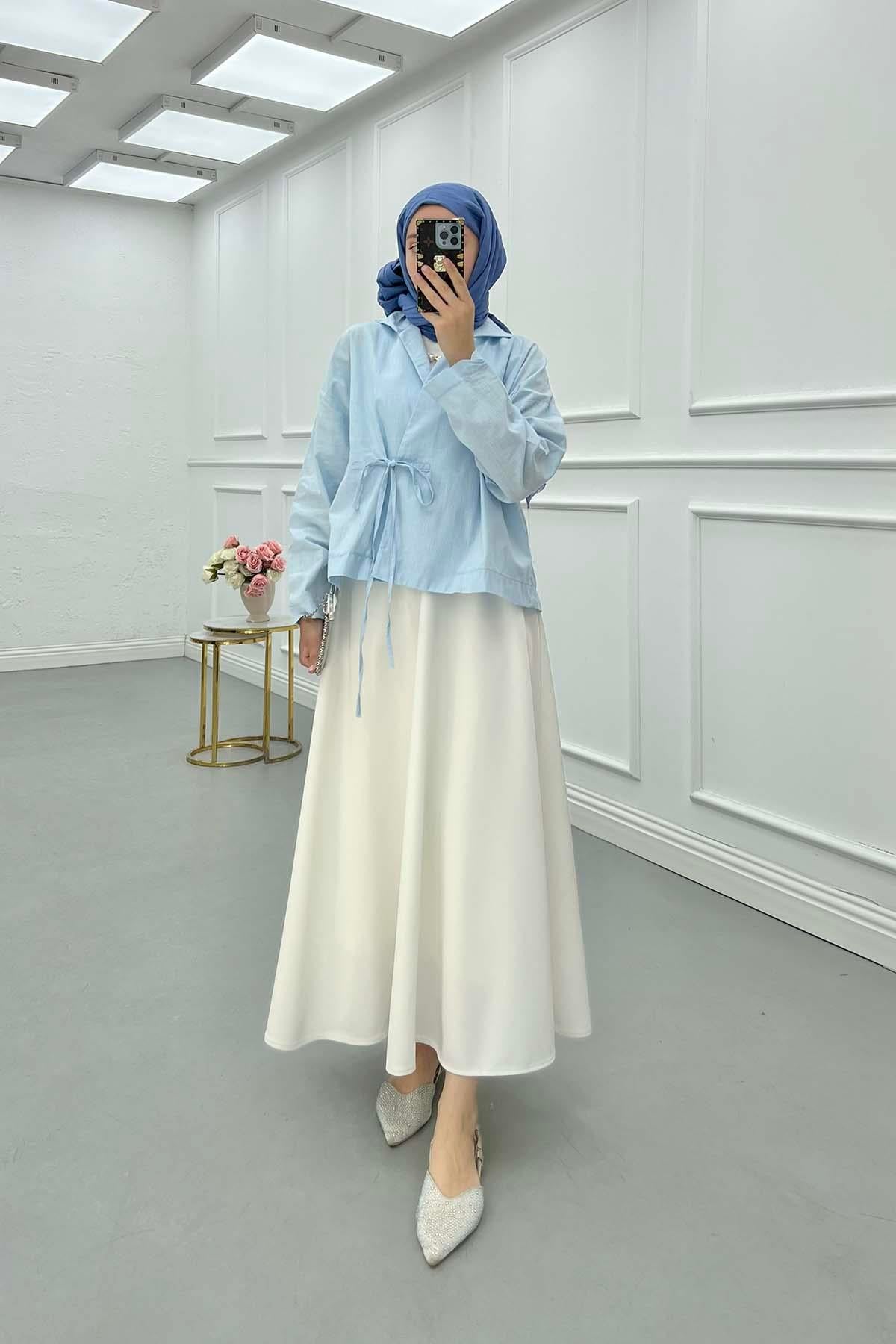 Bağcıklı Keten Kimono Bebe Mavi