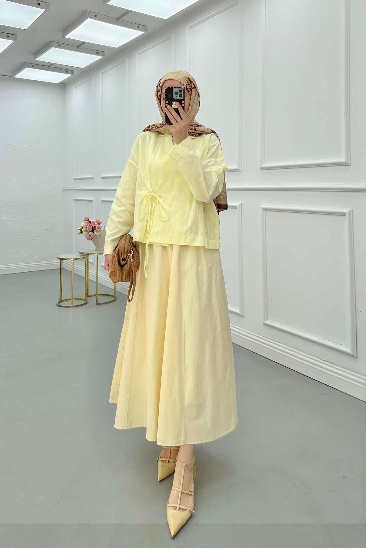 Bağcıklı Keten Kimono Sarı