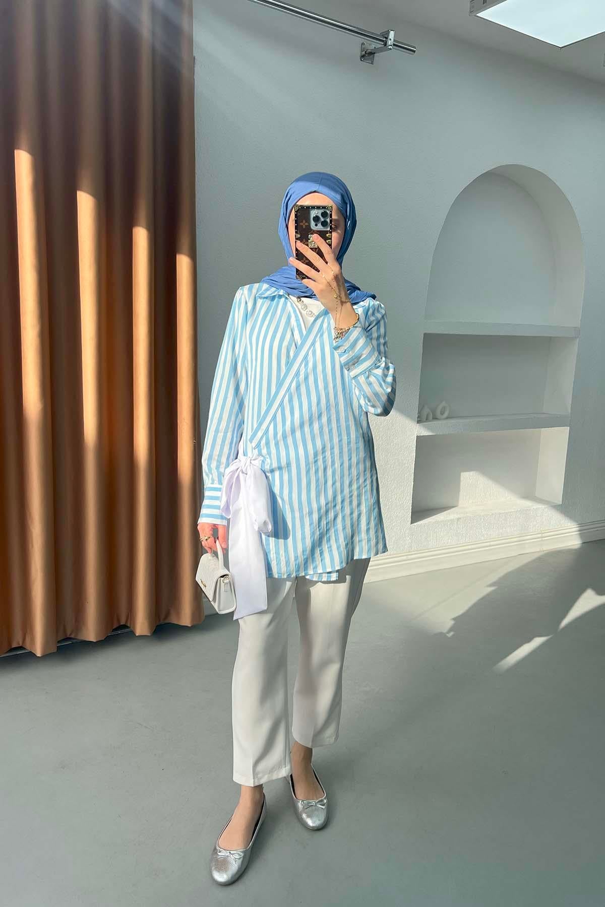 Bağlama Detaylı Çizgili Kimono Mavi