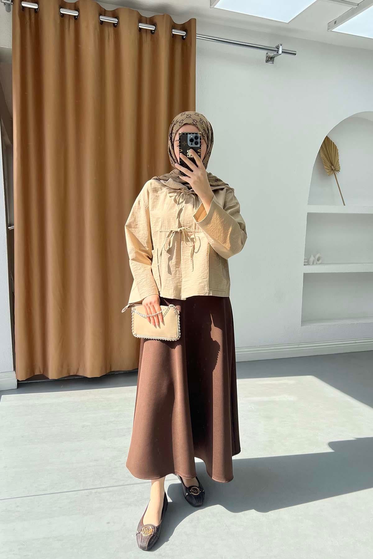 Bağlama Detaylı Kapşonlu Ceket Camel