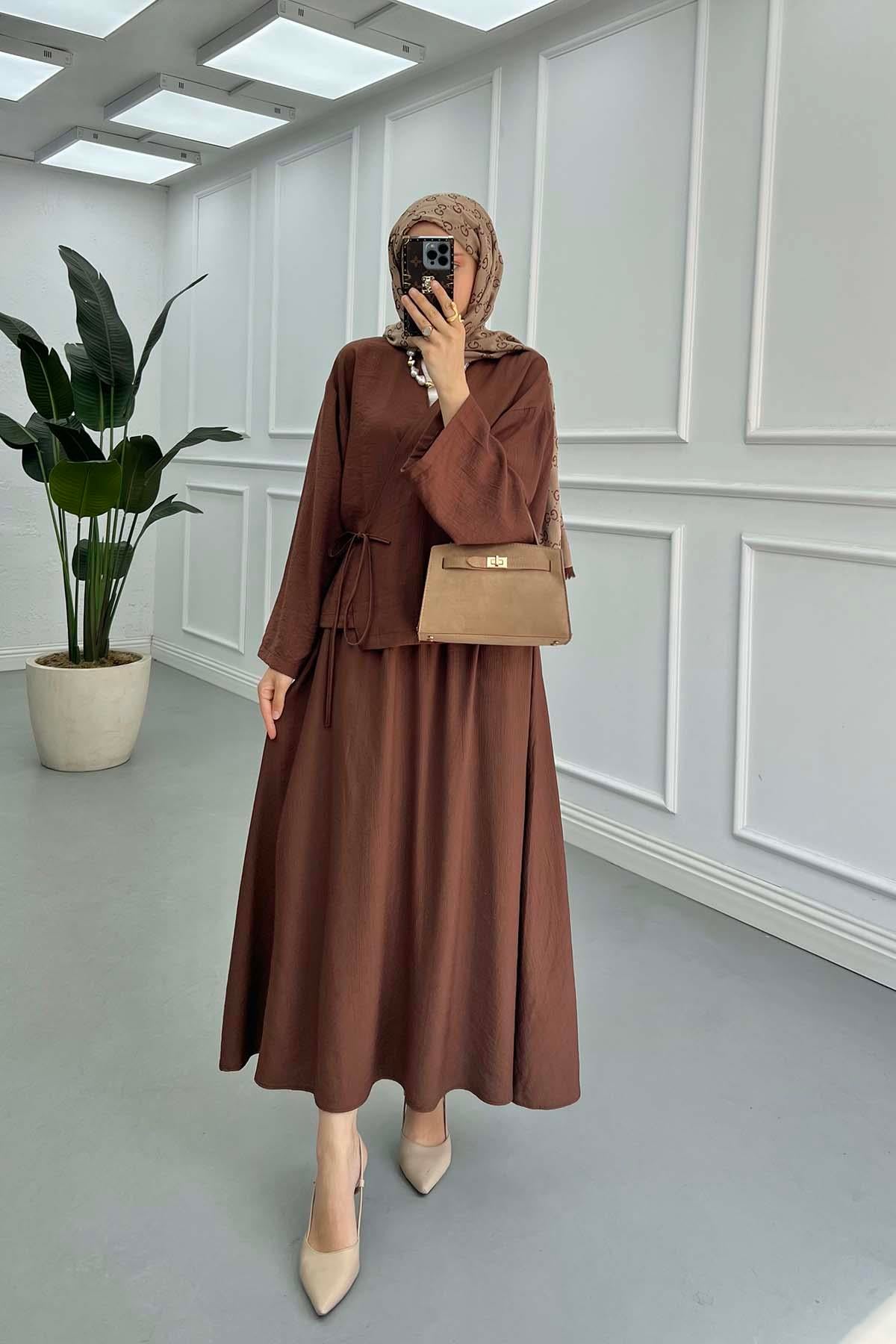Bağlama Detaylı Kimono Etekli Takım Kahve