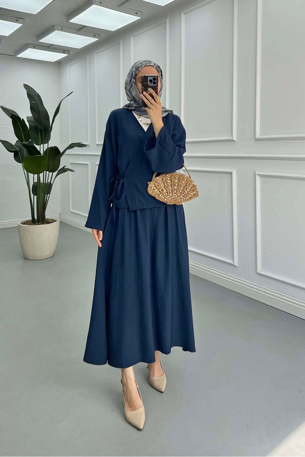 Bağlama Detaylı Kimono Etekli Takım Lacivert
